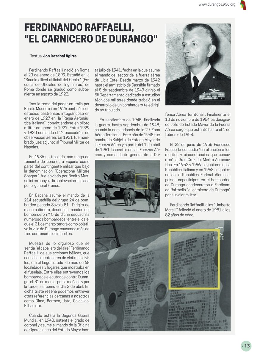 durango1936's tweet photo. Aviazione Legionariako italiarrak izan ziren Durangoren bonbardaketaren egile materialak. Jon Irazabal Agirre ikerlariak argitu duenez, Ferdinando Raffaeli "Durangoko Harakina" zen beraien burua. https://t.co/7Dv6g3mzY4