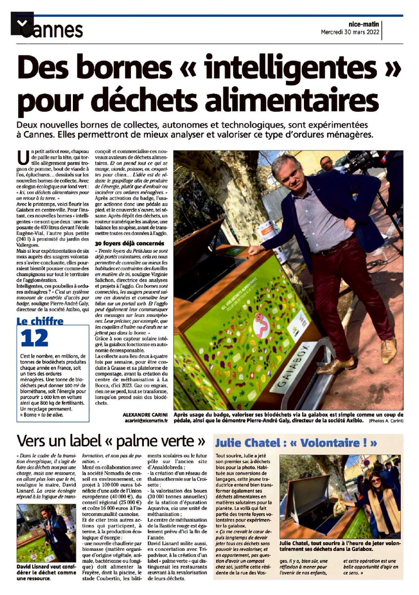 [PRESSE] 🗞

🥑🥕 Pendant 6 mois, 30 familles volontaires participent à l'expérimentation d'une collecte de déchets alimentaires au sein du quartier du Petit Juas, grâce à l'installation de 2 bornes d'apport volontaire autonomes et connectées.

A découvrir dans <a href="/Nice_Matin/">Nice-Matin</a> ⤵️