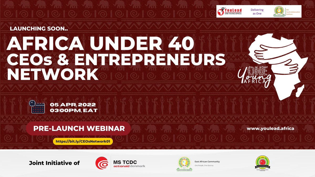 YouthAfCFTA's tweet photo. 📈💰SPECIAL ANNOUNCEMENT:✨
Are you an entrepreneur under the age of 40?
Africa's inaugural #Under40CEOs and Entrepreneurs Network is launching soon. We invite you to participate in the PRE-LAUNCH to have your voice and input heard.
🔗https://t.co/qg8AbemKRD 📅 5th April🕒3pm EAT https://t.co/jj9oE3xXko