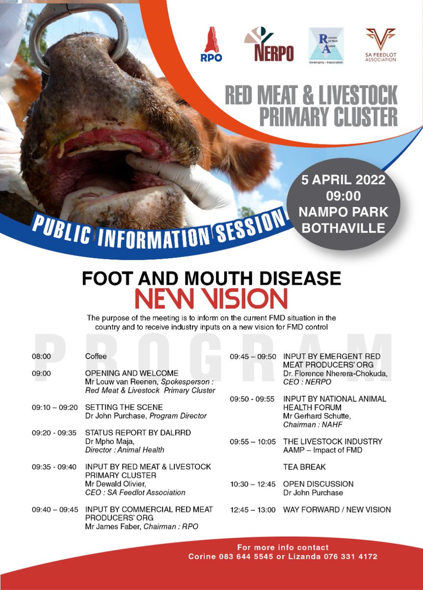 URGENT information session to be held by industry on the foot and mouth disease outbreak. 5 April 2022 at 09:00 at NAMPO PARK, Bothaville. EVERYBODY WELCOME !! 

#FARMER #PRODUCER #AGRICULTURE #ANIMALDISEASES #FOOTANDMOUTH #LIVESTOCK