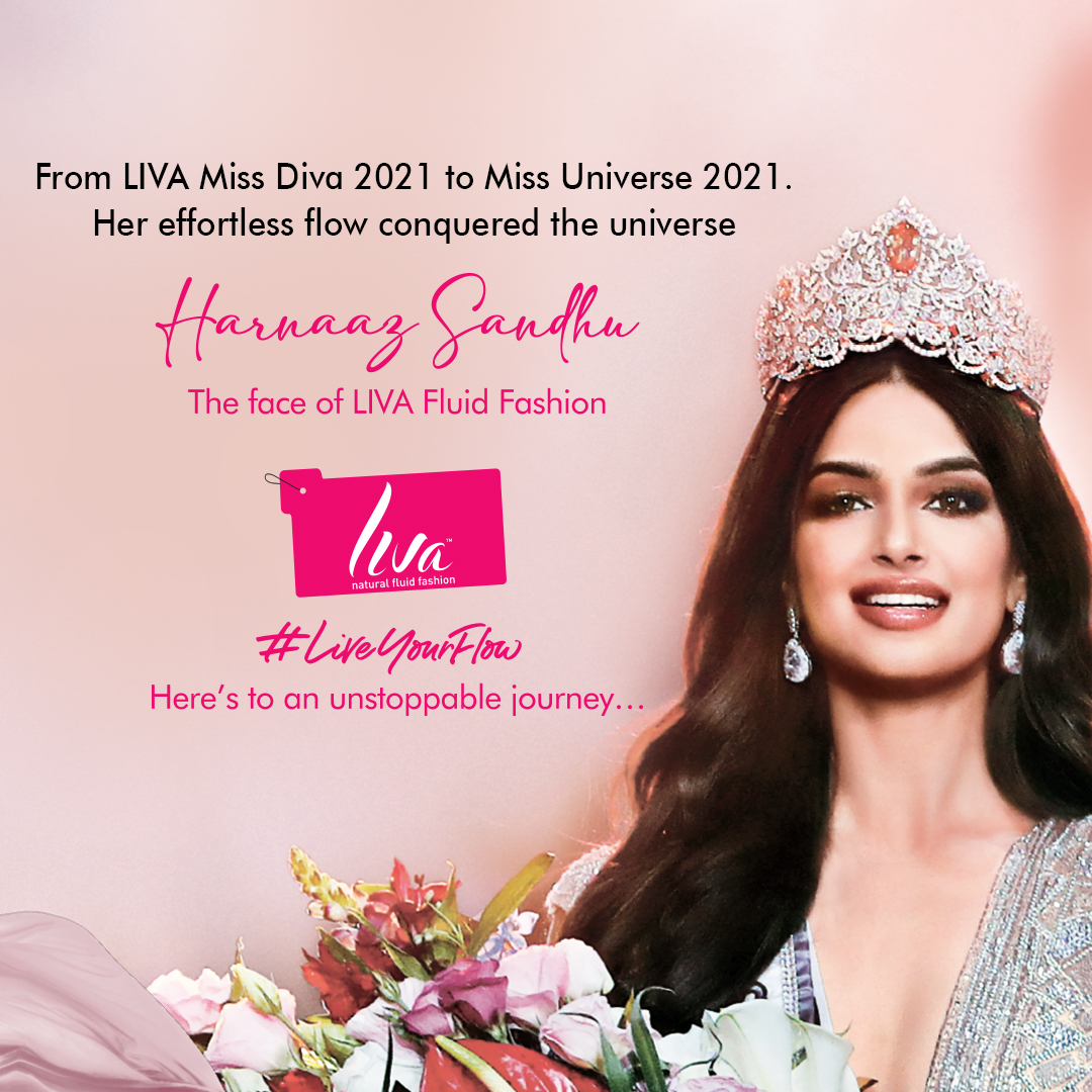 We're excited that Harnaaz is the face of LIVA, which is all about living your flow, your way and that is a true mark of relentless determination and stride.Thank you for inspiring many. Welcome aboard,Harnaaz!#MissUniverse #HarnaazKaurSandhu #LIVAMissDiva2021 #LIVA #LiveYourFlow