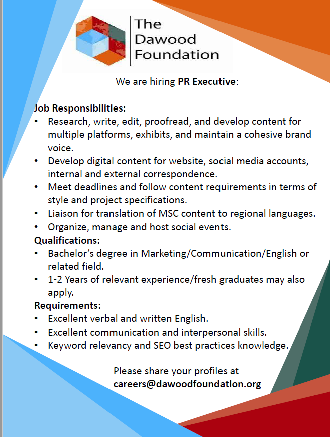 DawoodTdf's tweet photo. The Dawood Foundation is looking for a PR Executive.

Please share your profiles at careers@dawoodfoundation.org

#sales #jobannouncement #jobadvert #recruitment #prexecutive #jobopportunity https://t.co/QTA9h94r6w