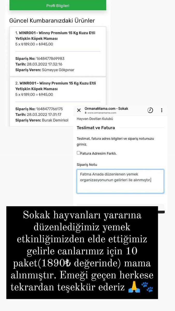 Sokak hayvanları için yapılan etkinlikte elde edilen gelirle 10 paket 15kg mama aldık. 🐾
 Emeği geçen herkese teşekkür ederiz.🙏🐾