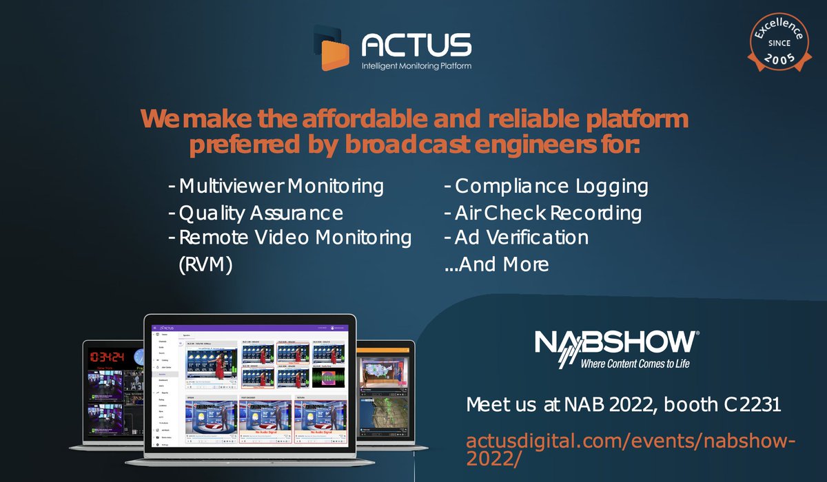 ActusDigitalTM's tweet image. Meet Us at @NABShow2022, April 24-27 2022 | Booth C-2331

Schedule your meeting today to learn more about 
@ActusDigitalTM: actusdigital.com/events/nabshow…

#actusdigital #nabshow2022 #ottmonitoring #compliancesolutions #monitoringsystem #compliance