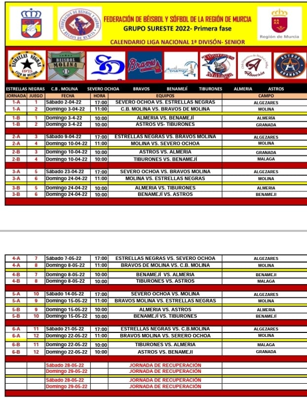 Comienza la Liga Nacional de Béisbol 1ª División.
CBS MOLINA, BRAVOS DE MOLINA, ESTRELLAS NEGRAS y C.D. SEVERO OCHOA por parte de #Murcia y CDBS ALMERÍA, TIBURONES DE MALAGA, BENAMEJI DE CÓRDOBA y ASTROS DE GRANADA por parte de #Andalucia Play Ball!!