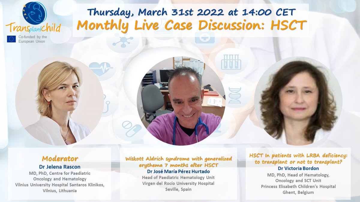 TransplantChild's tweet photo. Today we are holding our monthly #LiveCaseDiscussion. Do not miss the chance to join and participate on this discussion regarding HSCT.
📅Thursday 31st March
⏰14:00 CET
👉Contact us at coordination@transplantchild.eu https://t.co/z7FhQIxi5K