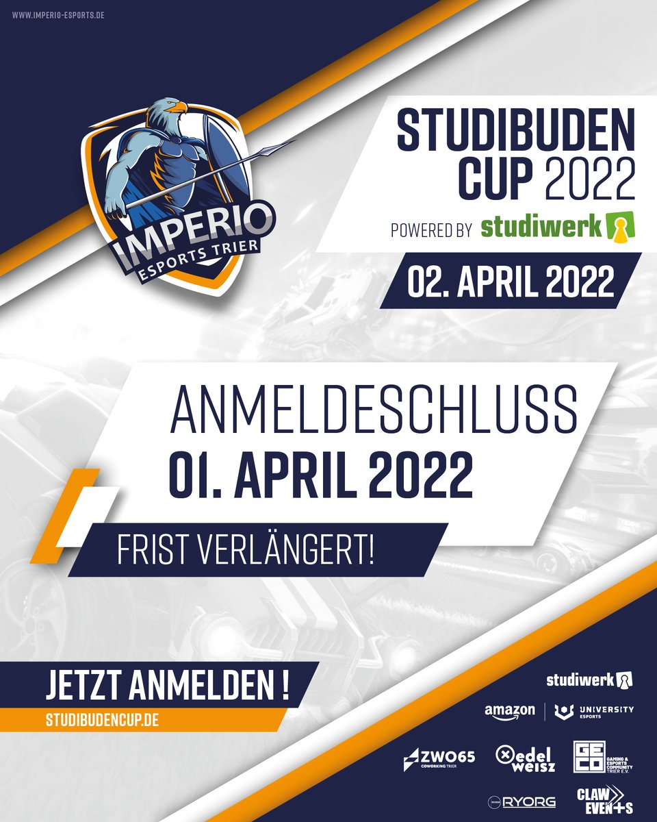 Frist verlängert auf den 01.04! Meldet euch noch schnell an und sichert euch einen Platz im Turnier und einen Teil des Preispools von über 500€! 
studibudencup.de