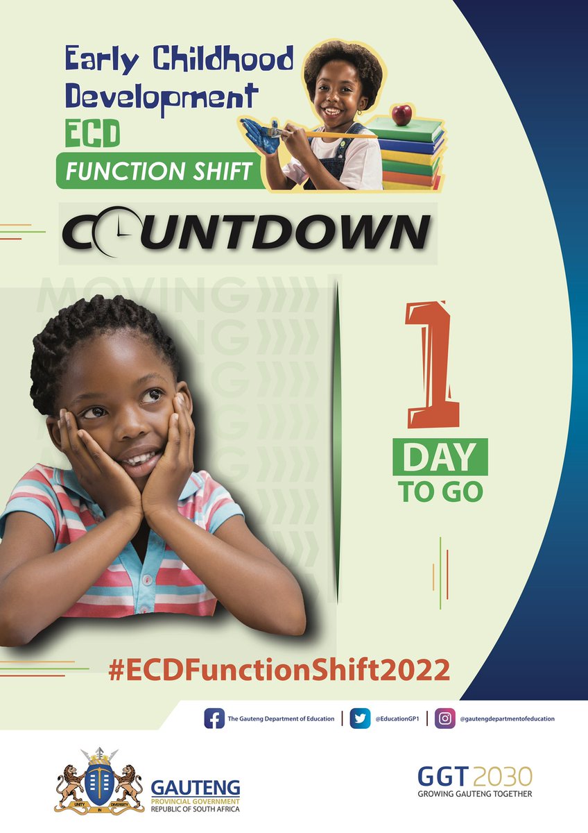 EducationGP1's tweet photo. 1 day to go until we welcome a new era in Early Childhood Development (ECD) as all functions relating to ECD in @GautengProvince will officially shift from @gpgSocDev to @EducationGP1 tomorrow on 1 April 2022.

#ECDShift
#GrowingGautengTogether https://t.co/sRDBpP6tAy