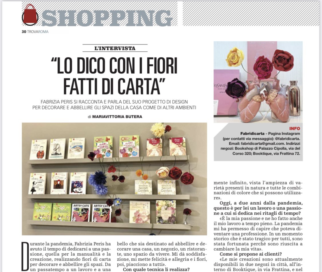 TrovaRoma_Rep's tweet photo. Sul #TrovaRoma di oggi Fabrizia Peris racconta a @vickybutera il suo progetto #Fabridicarta, per decorare e abbellire spazi di vario genere con addobbi floreali in carta. In edicola con @repubblica. https://t.co/dKot45F24z