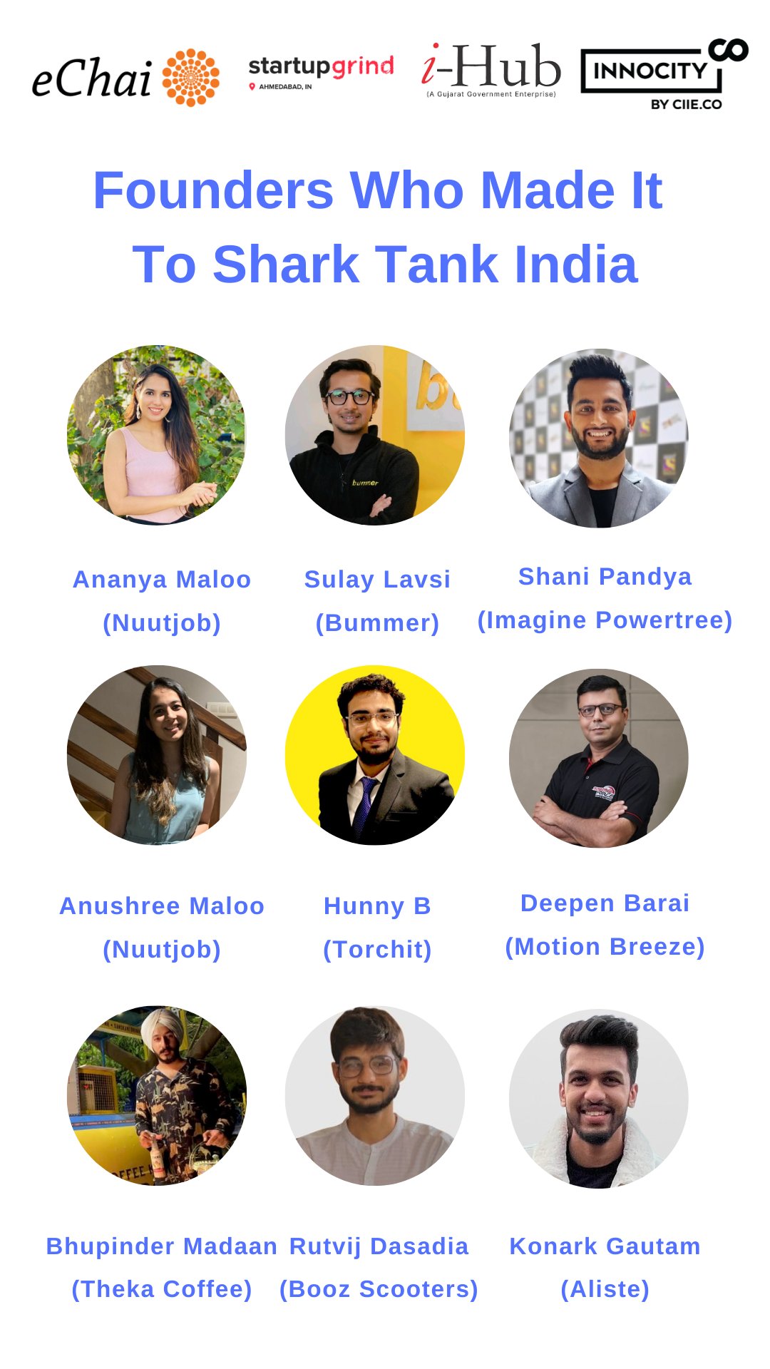 eChai Ventures on X: .@eChaiVentures, @SGAhmedabad, @ihubgujarat &  Innocity (@CIIEIndia) are collaborating to host this fab session w/ 9  founders from the community who featured in #SharkTankIndia on 2nd April,  Saturday evening