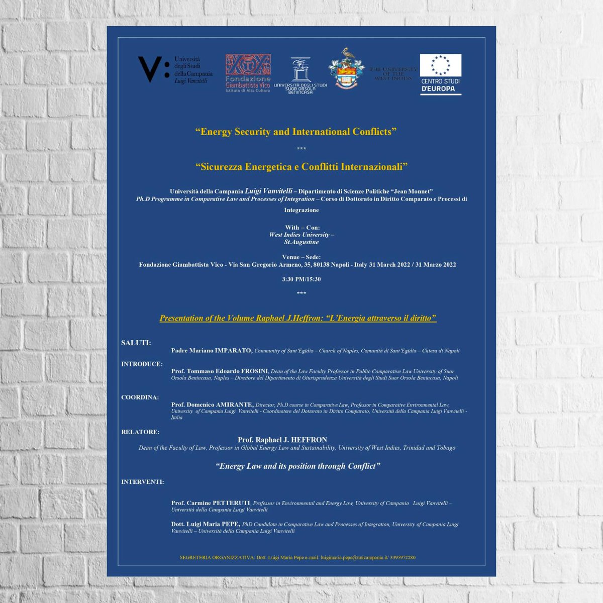 Oggi, alle ore 15:30, si terrà il seminario in tema di #sicurezza energetica e #conflitti internazionali con la partecipazione dei docenti universitari Tommaso Edoardo #Frosini, Domenico #Amirante, Rapahel J.  #Heffron, Carmine #Petteruti e del ricercatore Luigi Maria #Pepe.