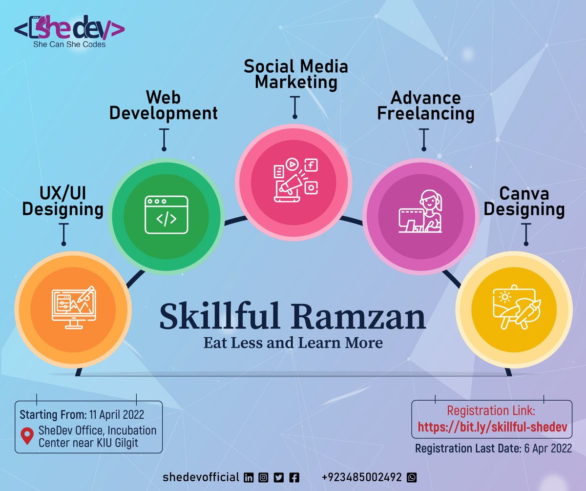 “Ramadan will be coming soon, prepare your mind, body, and soul for the holy month and gain the maximum benefit from it.” 
Courses: 
UX/UI Designing, WordPress Web Designing, Social Media Marketing, Canva Designing, Advance Freelancing
Registration Link: bit.ly/skillful-shedev