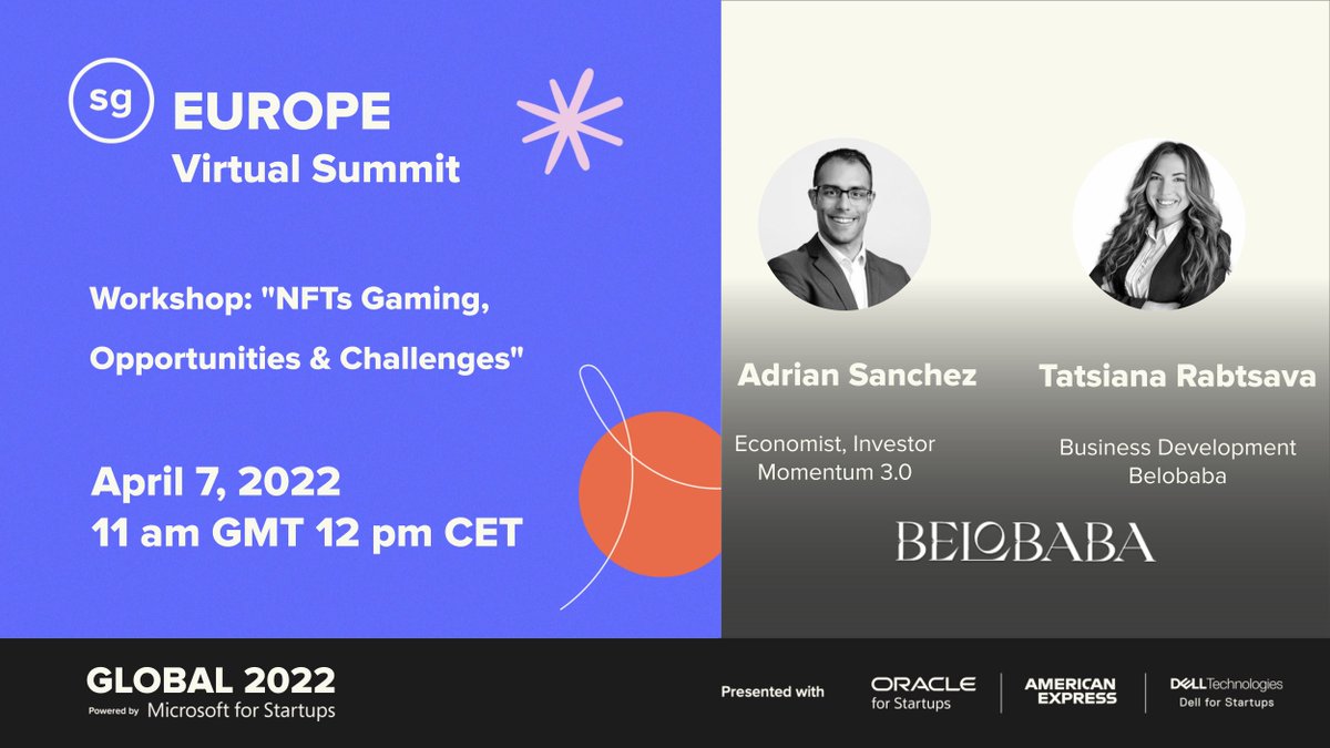 Game on! Announcing our <a href="/StartupGrind/">Startup Grind</a> Road to Global 2022 Europe Virtual Summit on April 7 👩‍💻🚀REGISTER FREE -startupgrind.com/e/mpvsps/
Our 1st session is a Workshop presented by Tatsiana Rabtsava &amp; Adrián Sánchez Rodríguez ✵@Belobabafund 
#Web3 #Metaverse #NFTs #Crypto #SGGlobal
