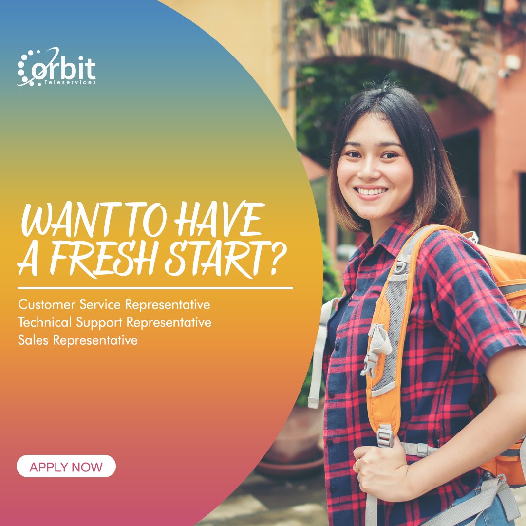 OrbitCareerHub's tweet photo. Want to have a fresh start? Join us today. We are currently hiring in Cubao and Bridgetowne site. π
#OrbitTeleservices #MakeMeaning #BeWithOrbit #Hiring #CallCenter #BPO #Cubao #Bridgetowne https://t.co/CF4RhfC71W