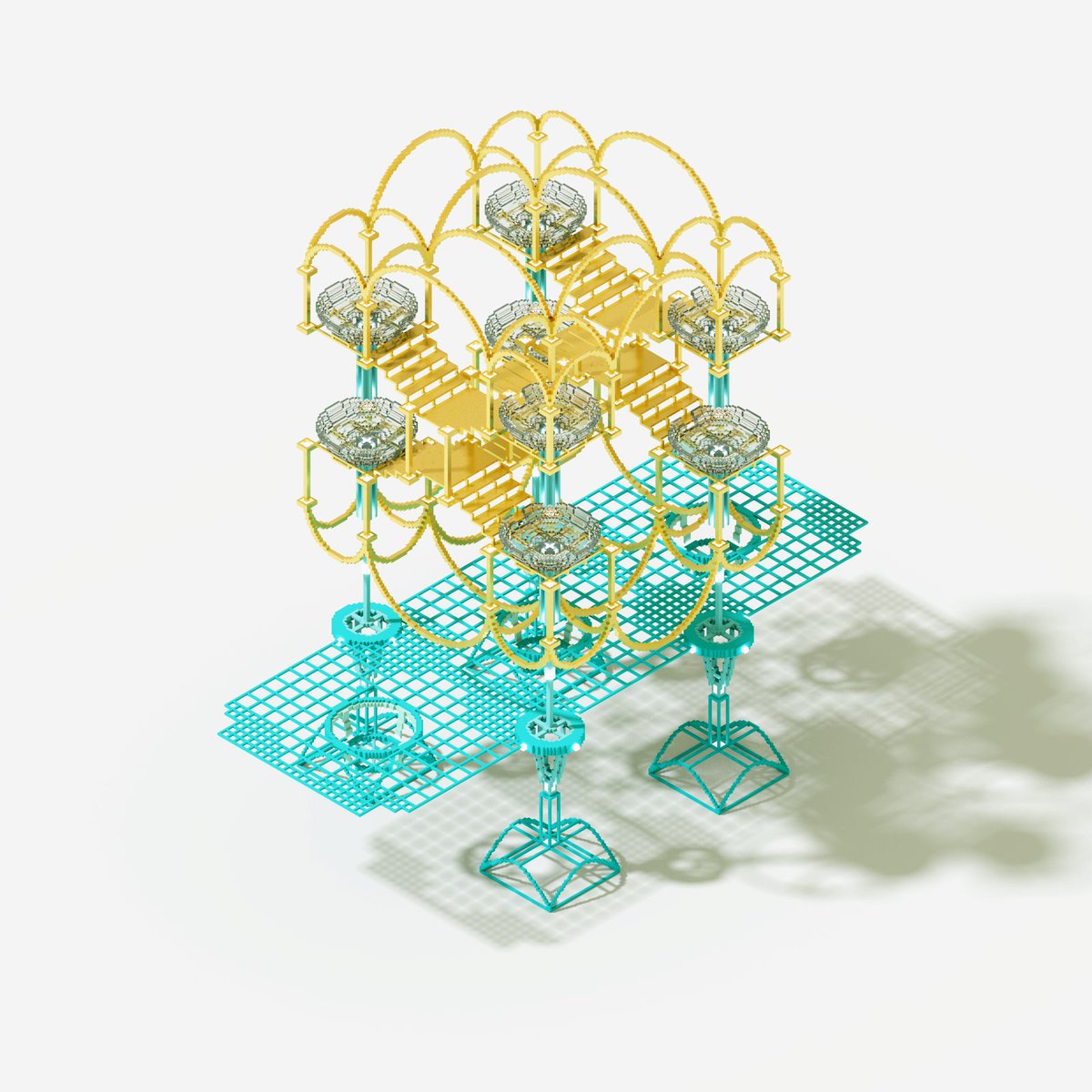meneedesign's tweet photo. What should #metaverse architecture look like? Experimenting on #metarchitectural structures that go beyond our reality. This folly #voxel was inspired by Gaudi's famous upside down arch and vault model. https://t.co/SNnAPG06Cd