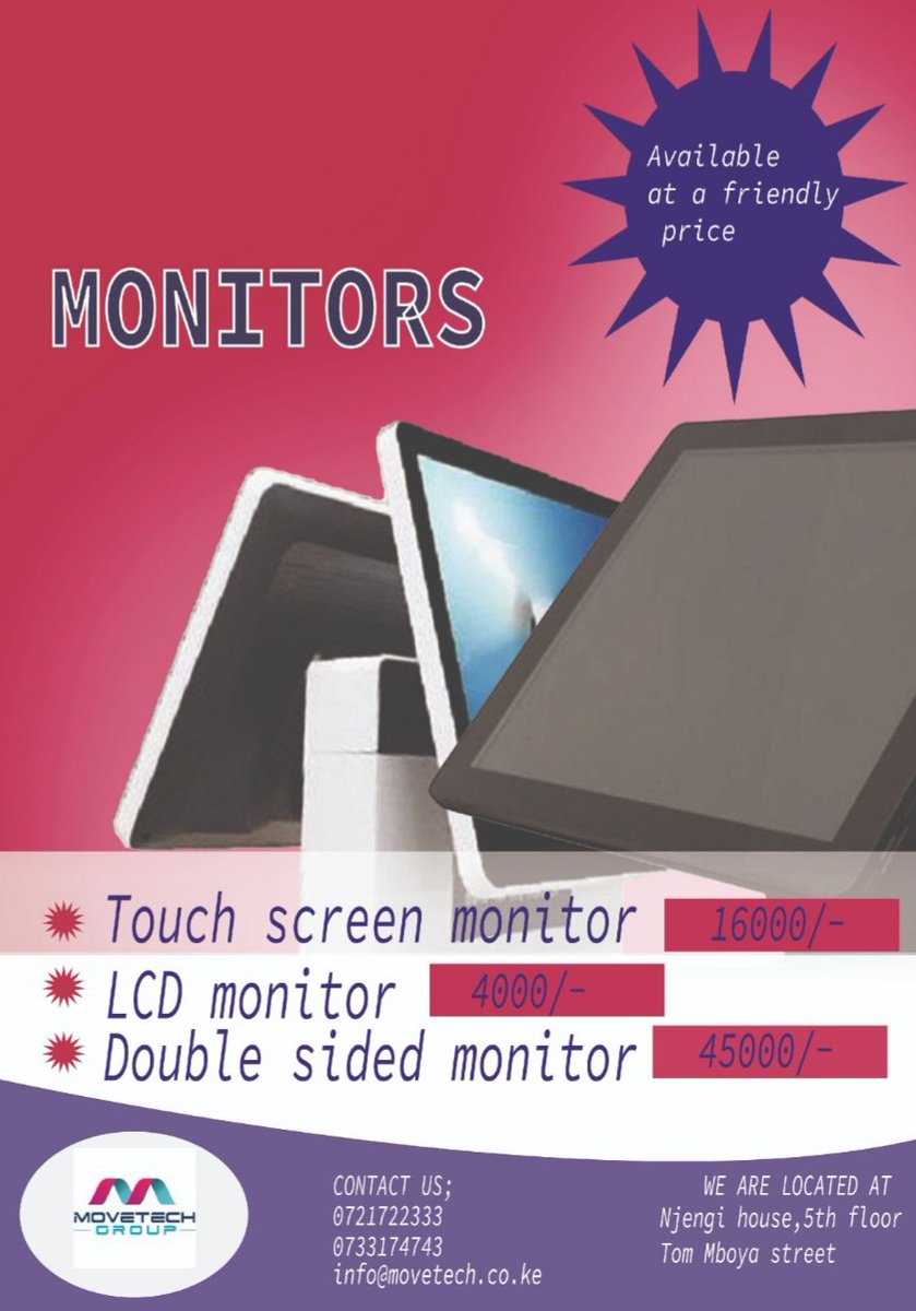 movetechsol's tweet photo. At MOVETECH we have a wide array of monitors including LCD, Double sided and Touch screen display monitors compatible with POS systems.
Come order at Our shop, 5th flr, Njengi House
Or via:
📞: 0721722333/0733174743
📧: info@movetech.co.ke
#BBIwasGood
#JKLive
#BBI
#movetech https://t.co/yjxMy2qobW