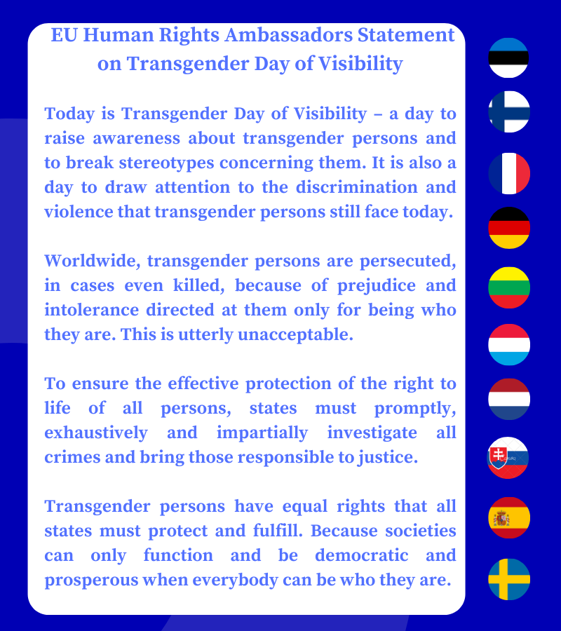 Our group of European Human Rights Ambassadors from 🇪🇪🇫🇮🇫🇷🇩🇪🇱🇹🇱🇺🇳🇱🇸🇰🇪🇸🇸🇪 issues a statement on the occasion of the Transgender Day of Visibility: