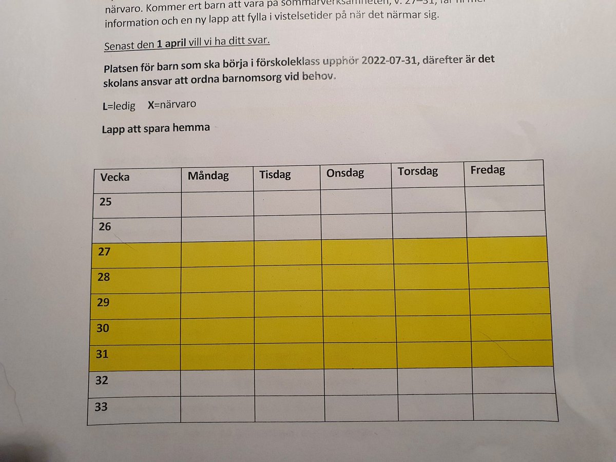 Svíar og vikunúmerin þeirra, hef búið í Sverige í tæp 9 ár og er aldeilis ekki búin að aðlagast menningu innfæddra. Hér er eyðublaðið fyrir sumarfrí í leikskólanum, engar dagsetningar til hjálpar. VAAARFÖÖÖÖR