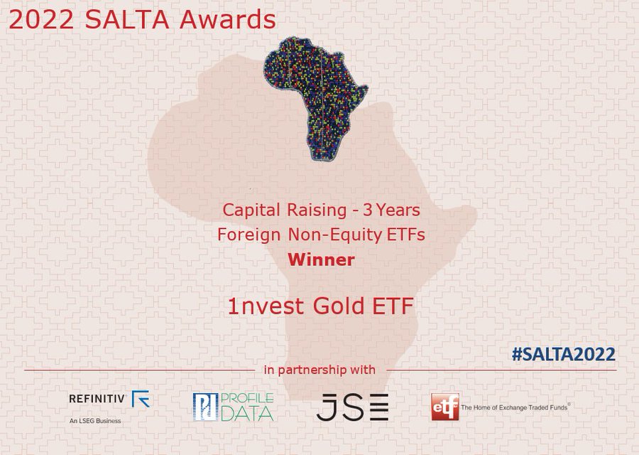 1nvest_SA's tweet photo. We're still in awe of last night's South African Listed Tracker Awards (SALTA) and all of the wins that 1nvest got including Gold #ETF #ETFGLD winner in the #SALTA2022 Capital Raising - 3 Years - Foreign Non-Equity ETFs. ππ https://t.co/PNfI1fAEmb