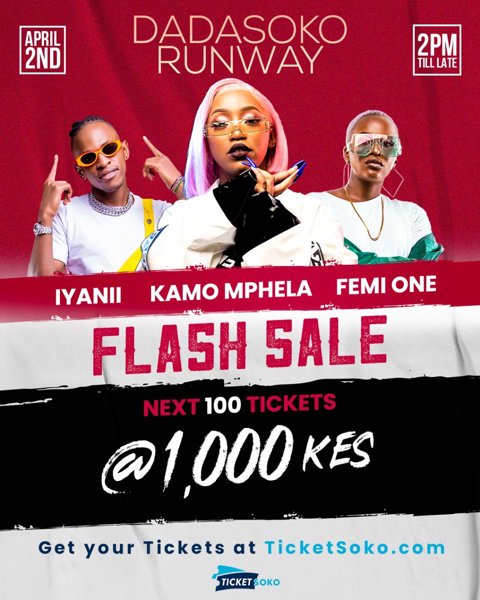 Dada_soko's tweet photo. FLASH SALE 💥💥💥
2days to go to the #Dadasokofashionrunway event this weeekend at the #winningpost.

Have you gotten those Tickets yet ? !!! 
HURRY UP NOW and cop a couple of those for 1,000 Kshs only at https://t.co/8tD1q58rb1. Click the link on our Bio. https://t.co/PPSxwpxfFr