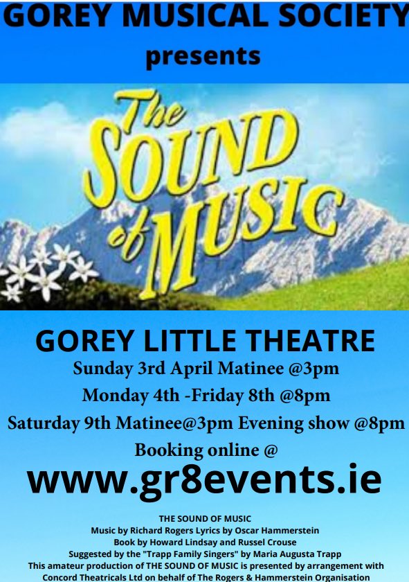 aims_pro's tweet photo. Best of Luck @goreymussoc with The Sound of Music which runs from Sunday 3 to Saturday 9 of April.
The audience will be alive with the sound of this music so make sure it's one of your favourite things to do by heading along. #climbeverymountain #getaticket xx😊 https://t.co/yevWXueVde
