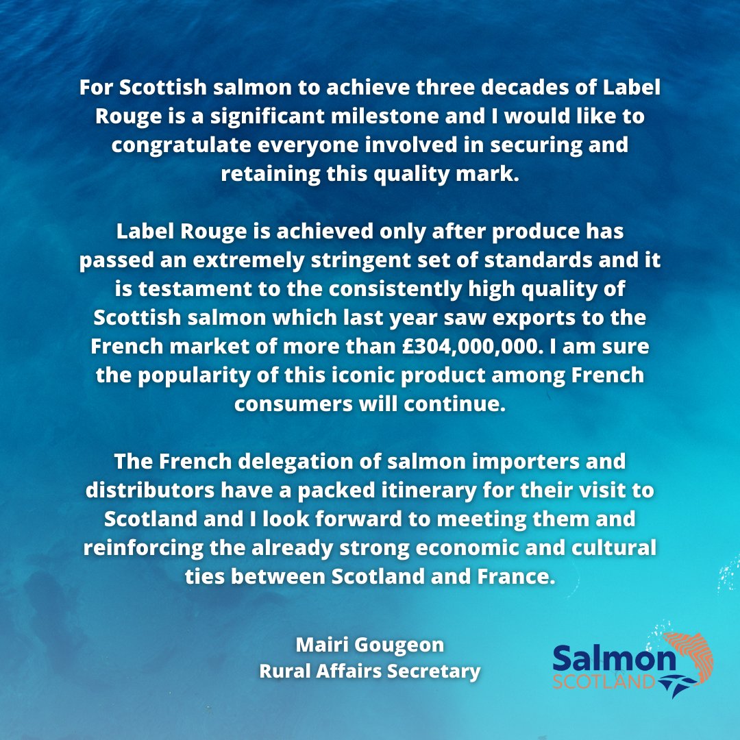 2022 marks 30 years of Scottish salmon holding the prestigious Label Rouge quality mark in France. For Scottish salmon to achieve three decades of Label Rouge is a significant milestone.

Read more here: ow.ly/wZq850Ip5nJ