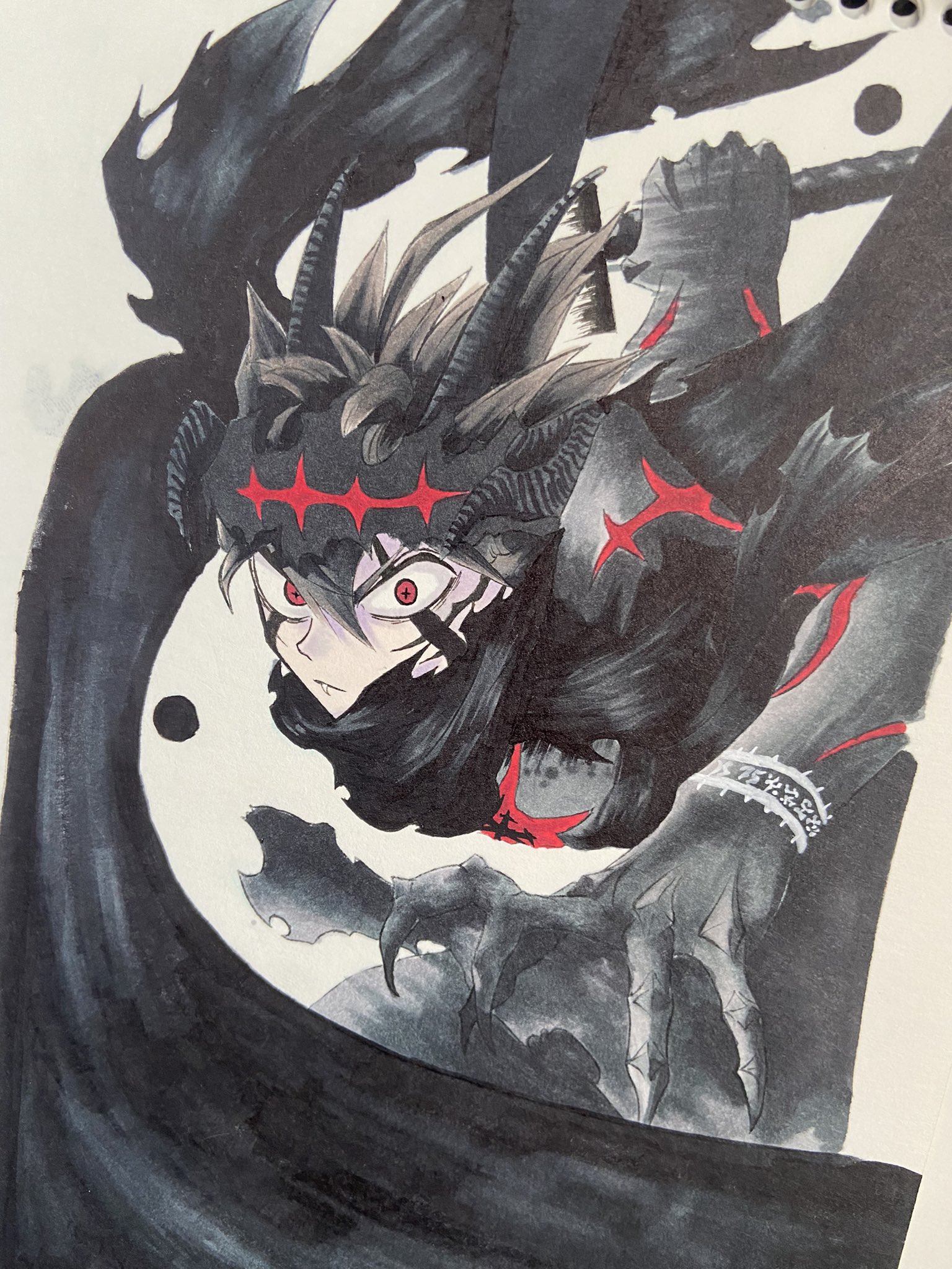 Tun0 Tun0 いやーかっこいいの とはいえ 絵が真っ黒すぎてどこになんの線があるんだか全然分からん分からん状態で大変やったはー笑もう部分部分 こんな感じかな みたいな線にってもうてる笑笑 模写 模写イラスト ブラッククローバー アスタ