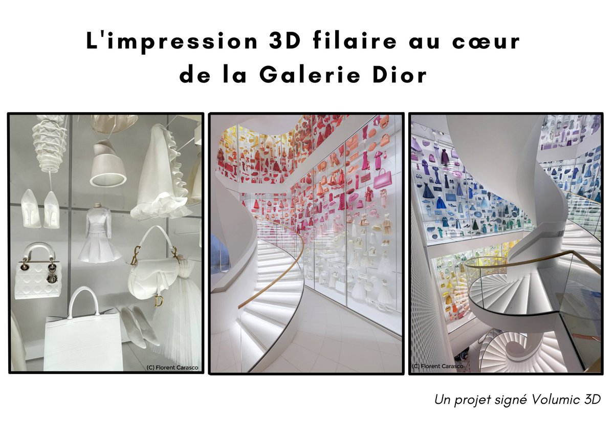 Grâce à l’impression 3D, le Diorama de la Galerie Dior magnifie son adresse légendaire.

Autour de son sublime escalier central, une œuvre exceptionnelle regroupant des créations iconiques et historiques de l'univers Dior a été recrée grâce aux imprimantes 3D Volumic.