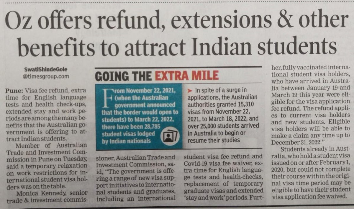 AustradeIndia's tweet photo. #Australia offers refund, extensions & other benefits to attract #Indian students https://t.co/KzZDznvrqB via @timesofindia
#StudyAustralia #WelcomeBackToAus #education #aibx https://t.co/qVg7PRAaay