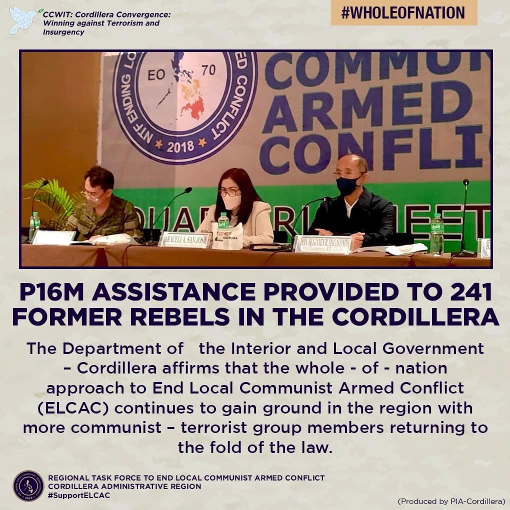 PIA_Cordillera's tweet photo. DILG-Cordillera affirms that the #WholeOfNation approach to End Local Communist Armed Conflict (ELCAC) continues to gain ground in the region with more communist β terrorist group members returning to the fold of the law.
Full story: https://t.co/Ay33LnyuIj
#CCWIT https://t.co/2lopOO54mQ