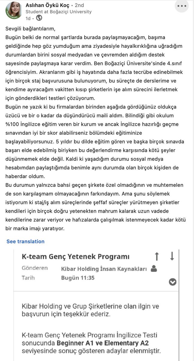 basaarkaya's tweet photo. Boğaziçi Üniv 4.sınıf öğrencisi bir genç, Kibar Holding'e staj başvurusu yapıyor. Dil sınavı neticesinde İngilizce seviyesi yetersiz (A2'den düşük) olduğu gerekçesiyle reddediliyor.

Ve LinkedIn'de "Boğaziçi öğrencisinin İngilizcesi kötü olamaz, hakkım yendi" paylaşımını yapıyor. https://t.co/uHo9hUugzC