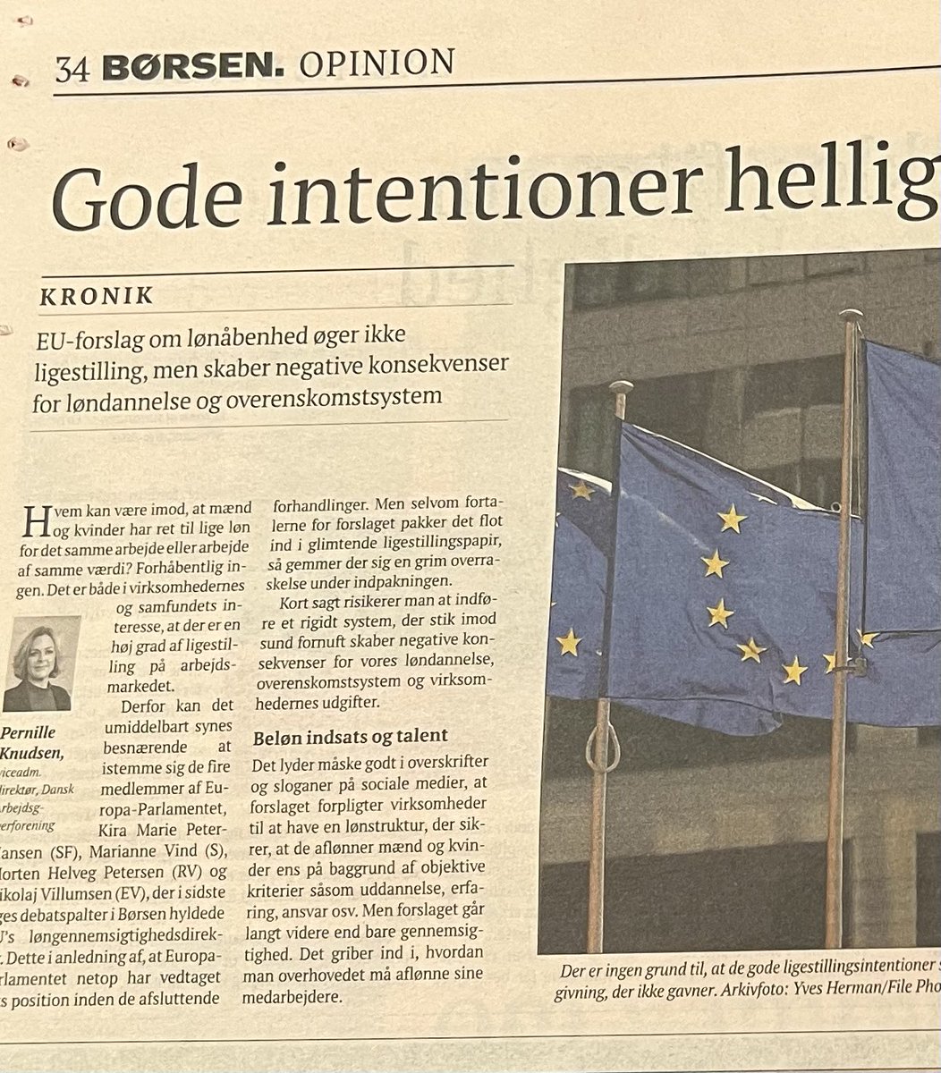 PernilleKnudse's tweet photo. Dagens kronik i @borsendk fra undertegnede om EU-lov om løngennemsigtighed. Det lyder besnærende sympatisk, men gemmer på et rigidt system med negative konsekvenser for løndannelse, overenskomstsystem og udgifter til #dkbiz. Gode intentioner helliger ikke skadende midler #dkpol https://t.co/ocXKh6PJXR