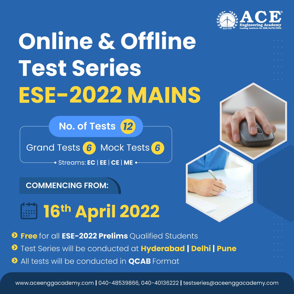 ACE_Enggacademy's tweet photo. Online &amp; Offline Test Series ESE 2022 Mains
Streams - EC | EE | CE | ME
Commencing From - 16th April 2022
View Details - https://t.co/ZbX0qJsnzR
Contact - 040-48539866, 040-40136222
Email - TESTSERIES@ACEENGGACADEMY.COM

#OnlineTestSeries #OfflineTestSeries #ACEEngineeringAcademy https://t.co/Pmb93XdTsH