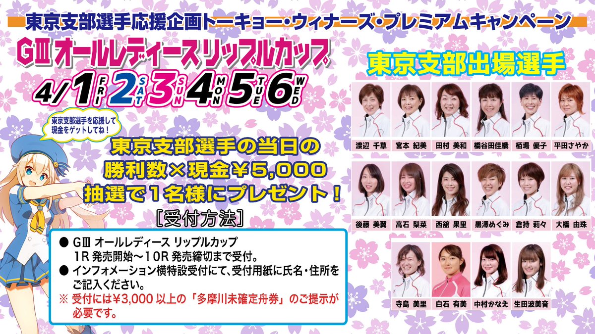 💕トーキョー・ウィナーズ・プレミアムキャンペーン💕 リップルカップの節間中、東京支部選手の当日の勝利数×現金5,000円を抽選で1名様にプレゼント🎁💕ボートレース多摩川の総合案内横にて受付を行います💕受付には3,000円以上の「多摩川未確定舟券」のご提示が必要です  ...