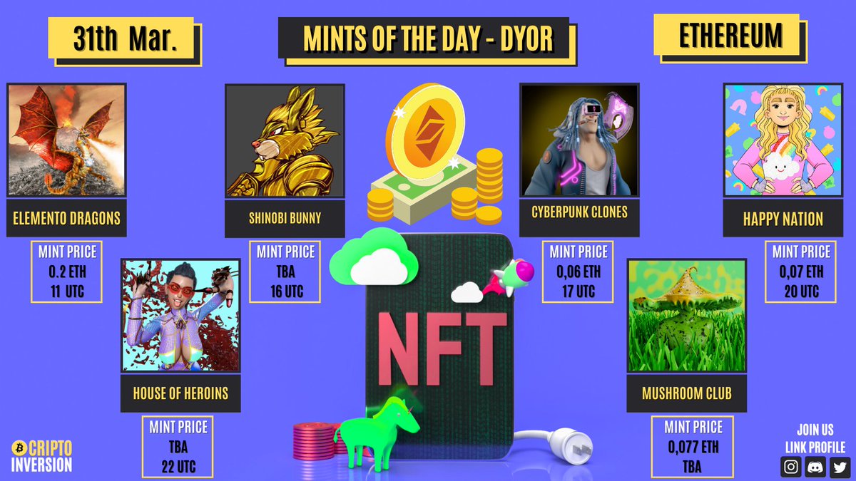 VikingoDigital_'s tweet photo. 🔥Today's #Ethereum Mints 🔥
11 UTC · @ElementoDragons · 0.2 $ETH
16 UTC · @shinobibunnynft · TBA
17 UTC · @NFT_cyberpunk · 0.06 $ETH
20 UTC · @HappyNationNFT · 0.07 $ETH
22 UTC · @HeroinesNFT · TBA
TBA · @MUSHROOMCLUB · 0.077 $ETH
#NFT #ETH #ETHMINTS #NFTCommmunity #MINTS https://t.co/h1CFbS9jaw