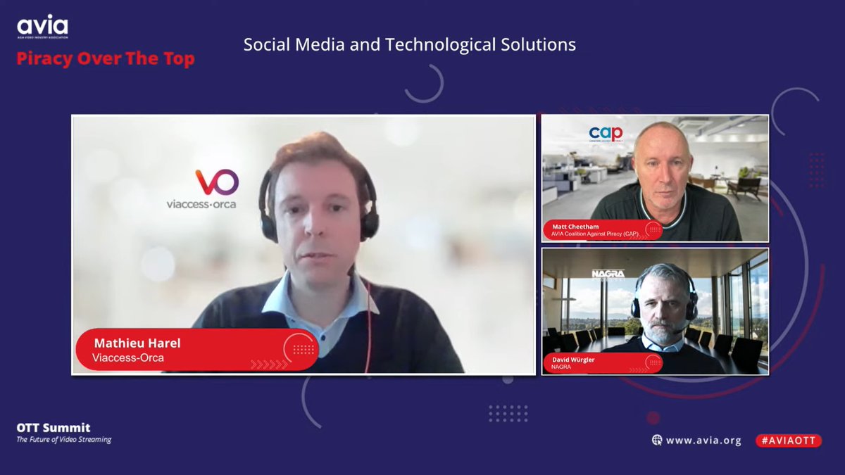 AsiaVideoIA's tweet photo. With the increasing migration of piracy to social media, how can technology support content providers to combat the growth of piracy on social media? Join us live with David Würgler, @NAGRAKUDELSKI and Mathieu Harel,@ViaccessOrca , as we critically discuss this issue. #aviaott https://t.co/vC9LF9bYra