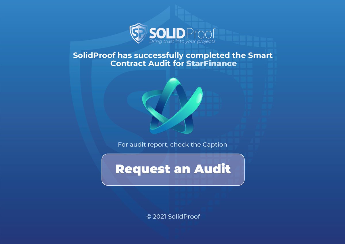 SolidProof_io's tweet photo. We are happy to announce that we have completed the smart contract audit for @starfinancebsc 
  
Need an audit?
https://t.co/i3evxJTtOP

Check out the full audit report here:
https://t.co/pjdKI983v1

#SmartContracts #Blockchain https://t.co/ZnoOzuMsgP