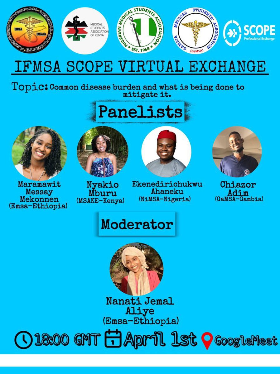 emsa_aa's tweet photo. ✨Virtual Exchange✨
🌍 EMSA Ethiopia SCOPE in collaboration with GaMSA Gambia, NiMSA Nigeria and MSAKE Kenya has organized a virtual exchange on the topic of common disease burden in Africa.
🗓 Friday April 1st, 2022
🕰 9:00 PM in the evening
https://t.co/eP4PzS28PU
💙💙💙 https://t.co/9FHCKaqKpG