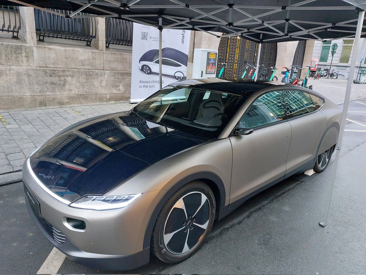 WannesDemarcke's tweet photo. Lightyear Electric Vehicle with #VIPV outside @Radisson at #solarpowersummit. Vehicle integrated solar panels have a big potential for range extension and charging when parked. @EVBelgie https://t.co/IDwyBsz9j2