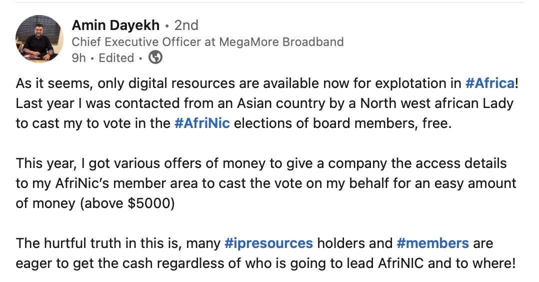 woodyatpch's tweet photo. This is the first public acknowledgement of the attempt of a Chinese bulletproof hoster to capture Africa's IP address pool:

https://t.co/xYStmlkEco

Thank you, @AminD1979, for speaking out. We cannot let democratic systems of Internet governance be undermined by corruption. https://t.co/TCRjLaeH0r