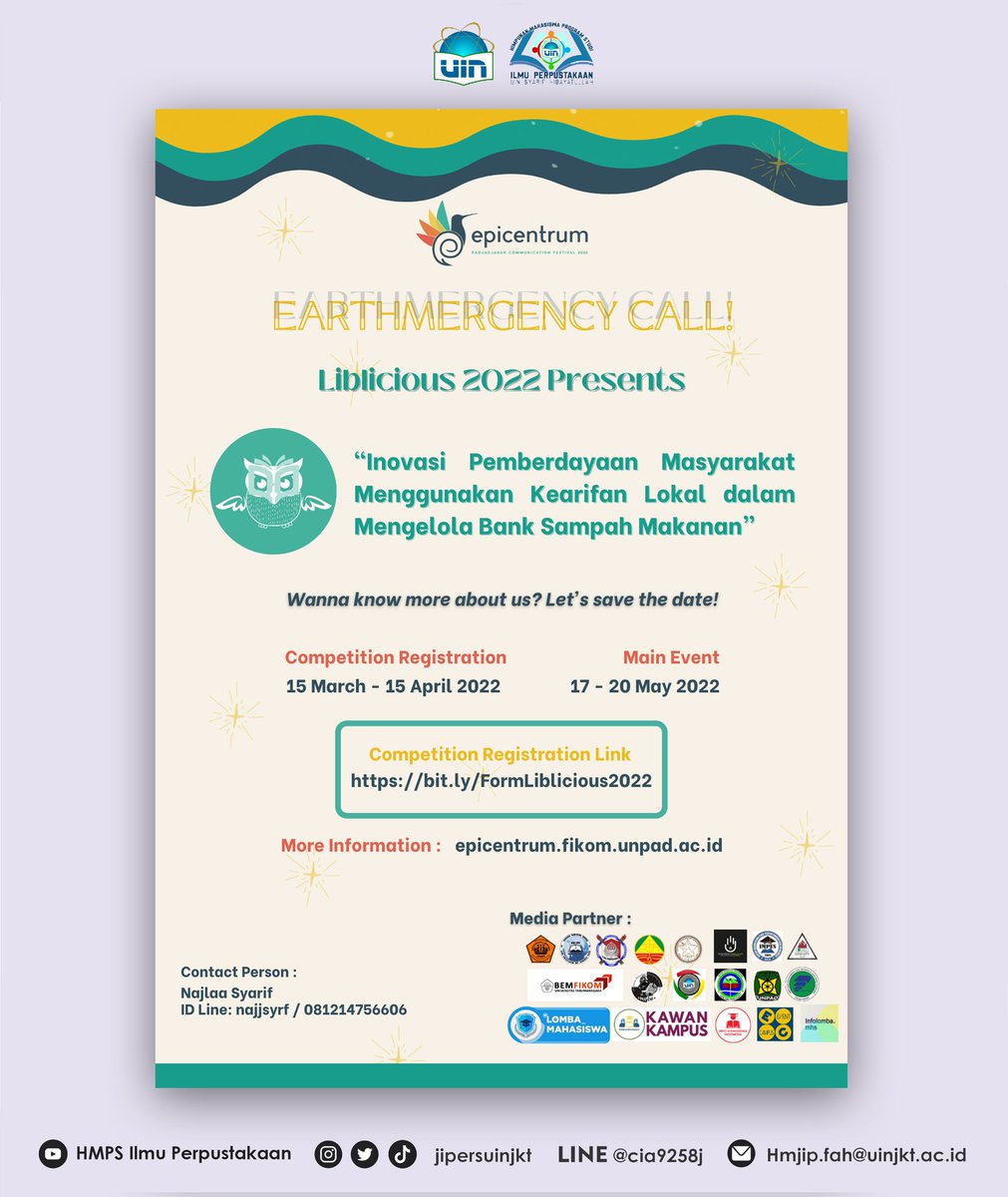jipersuinjkt's tweet image. [OPEN REGISTRATION LIBLICIOUS 2022]

Yuk, bagikan gagasan dan inovasimu melalui karya ilmiah di Liblicious!

Pendaftaran: bit.ly/FormLiblicious…

For more information: epicentrum.fikomunpad.ac.id
__________
HMPS Ilmu Perpustakaan 2020/2021