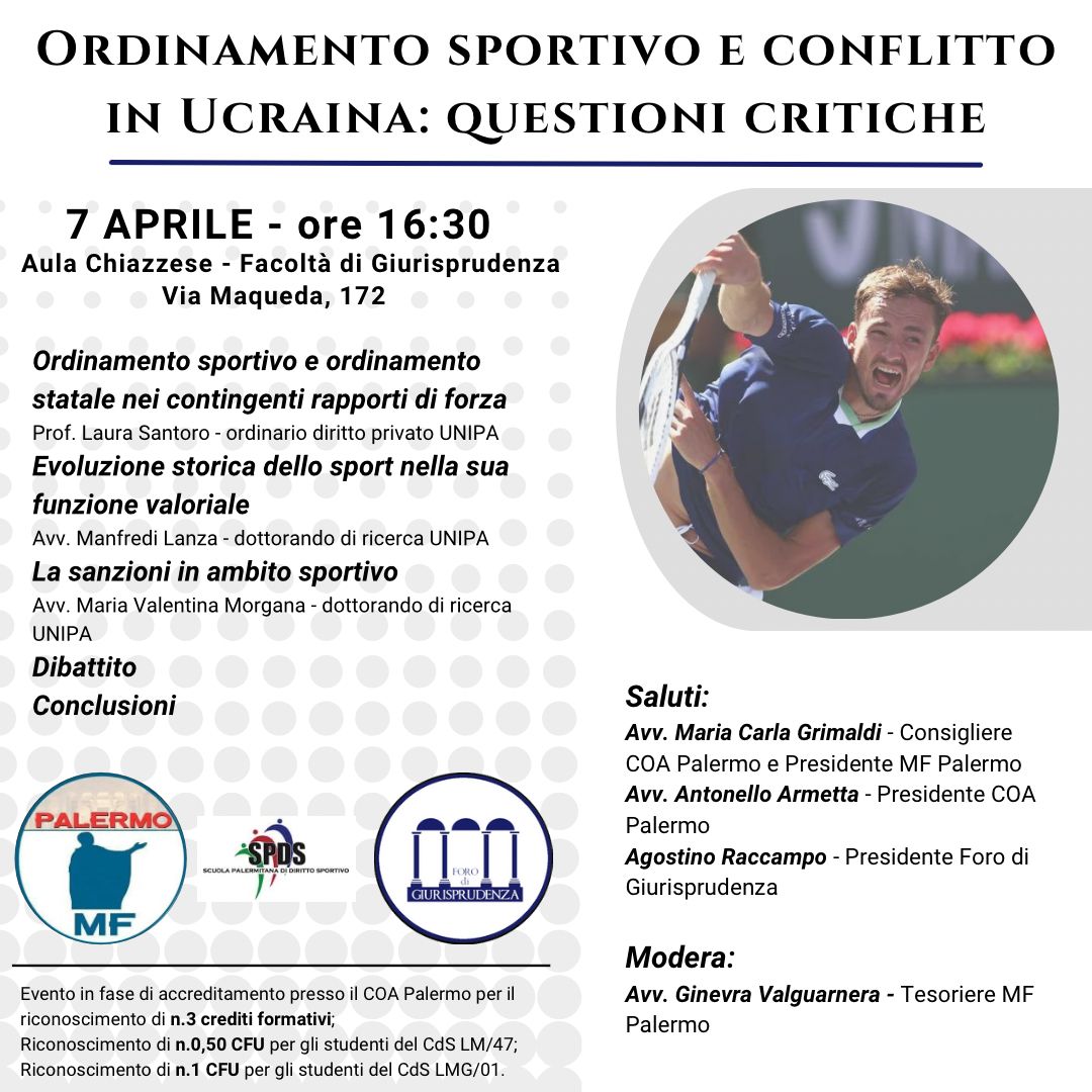 Movimento Forense #webinar #PALERMO il 7.4.2022 ore 16:30  “ORDINAMENTO SPORTIVO E CONFLITTO IN UCRAINA:QUESTIONI CRITICHE” 
<a href="/alalumia/">Nino La Lumia</a>
 
<a href="/MCesali/">Massimiliano Cesali</a>
 
<a href="/radiotribunale/">RadioTribunale</a> <a href="/MariaCarlaGrim1/">Maria Carla Grimaldi</a>