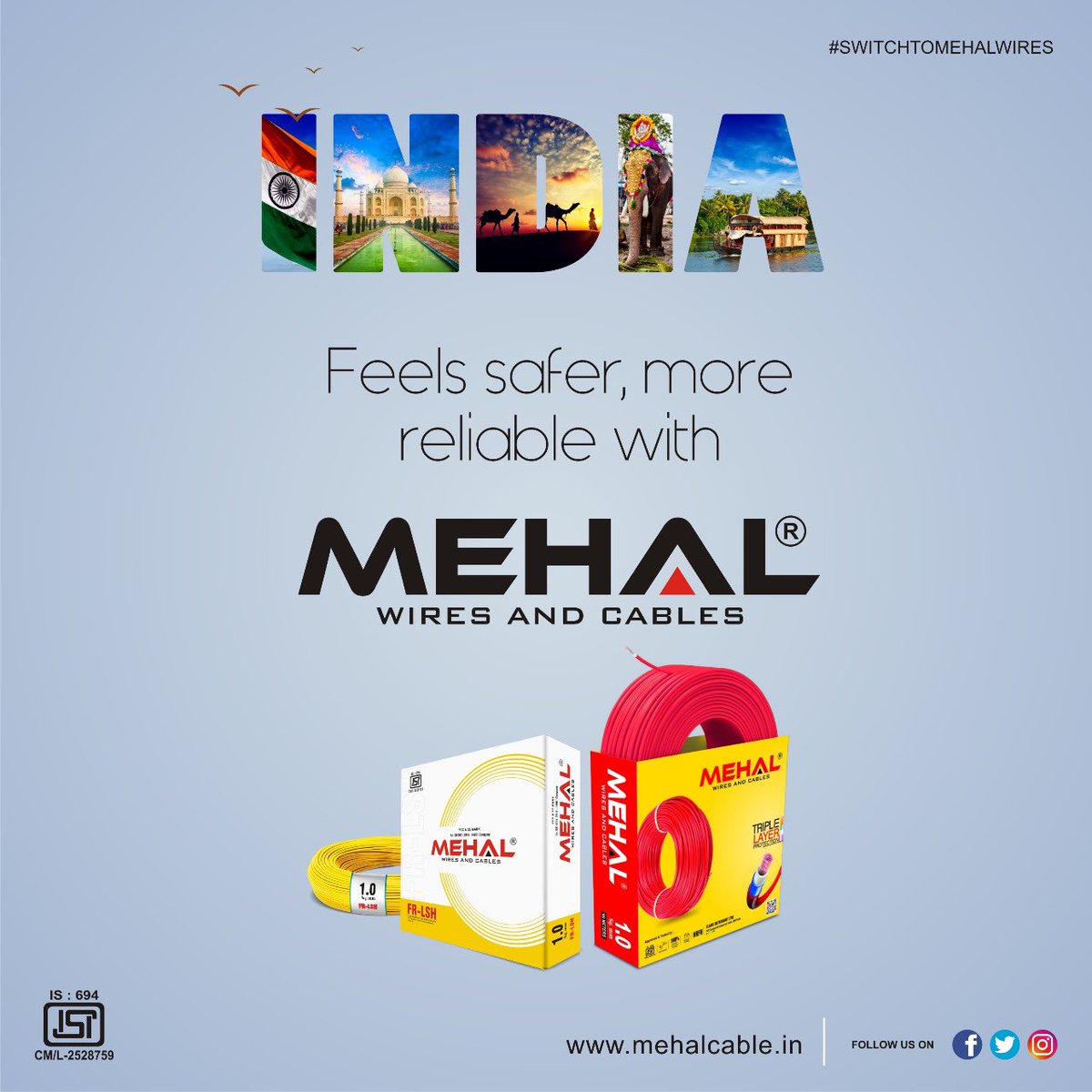 mehalcable's tweet photo. INDIA 🇮🇳 feels safer and reliable with MEHAL wires &amp; cables 👍 #switchtomehalwires #multistrandwires #housewire #hrfr #frlsh #wiring #mehalcables https://t.co/6vjwmAkDfk