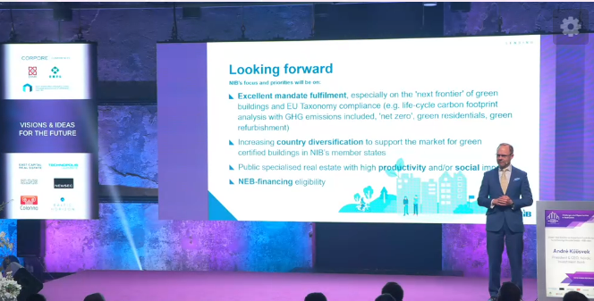 nib's tweet photo. NIB's @AndreKuusvek says that the Bank would like to diversify its exposure more, making itself even more available to corporates and public institutions, striving for high efficiency #building projects at #NREF2022 in #Tallinn 🇪🇪🏗️ https://t.co/p5Zty1v6Fj