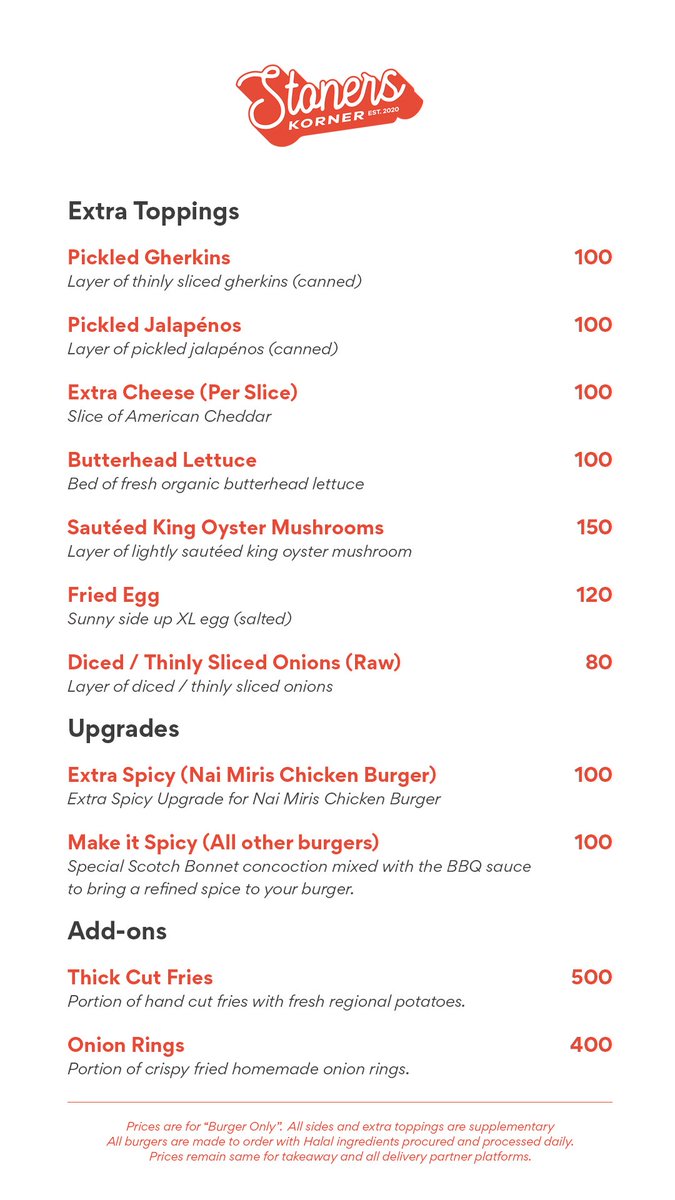 StonersKorner's tweet photo. Updated menu! Some burgers, add-ons and toppings may not be available from time to time.  

Please bear with us during these trying times. 

On a side note: Pescatarian Burgers made a comeback!

#LKA #StonersKorner #StonersBurger #SriLanka #UpdatedMenu https://t.co/ppfKkeaktI