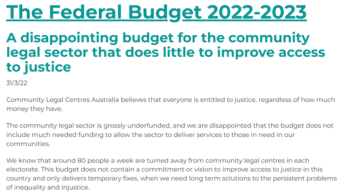 CLCsAustralia's tweet photo. Community Legal Centres Australia's Federal Budget statement: a disappointing budget for the #communitylegal sector that does little to improve access to justice #budget2022 https://t.co/qKHqBXqWbI https://t.co/21bZaFswdD
