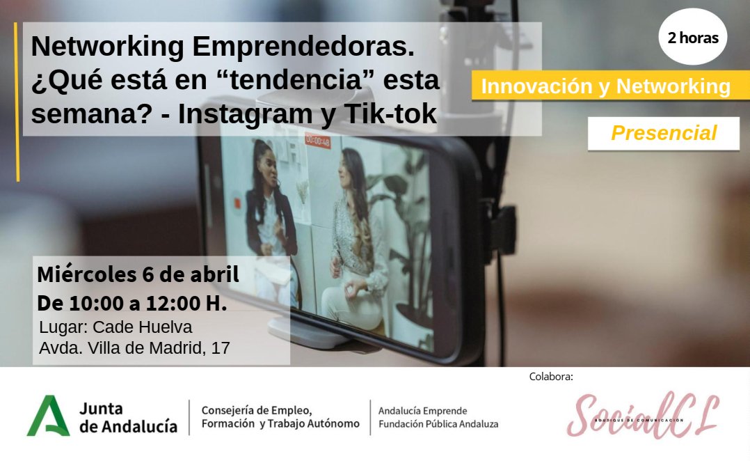 cadehuelva's tweet photo. 🔜 Taller 'Networking  #Emprendedoras. ¿qué está en tendencia esta semana? -  Instagram y Tik-tok'.

📢 Nueva fecha.. 6 Abril ⏳10h.
🏢Lugar:­ #CADEHuelva. C. Villa de Madrid, 17.  

✍️Inscríbete https://t.co/PHS6XyXyXX

✅ Formación dirigida a emprendedoras y #empresarias. https://t.co/6Wm8xzGKsM