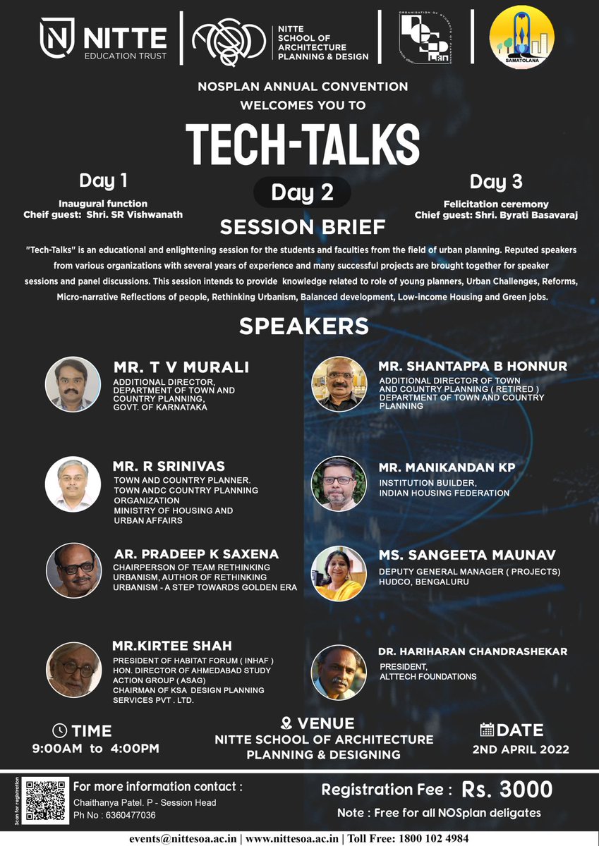 HousingFed_IN's tweet photo. @NOSPlan_India annual convention is organising a speakers session on 'Tech-Talks,' with #urban #planning experts on 2 April, 2022 at @Nitte_SAPD from 9-4 pm. Mr. Manikandan KP (Institution Builder, IHF) is a speaker in the session.
Details below!

#Discussion #Design  #Housing https://t.co/inSquGZ6P9