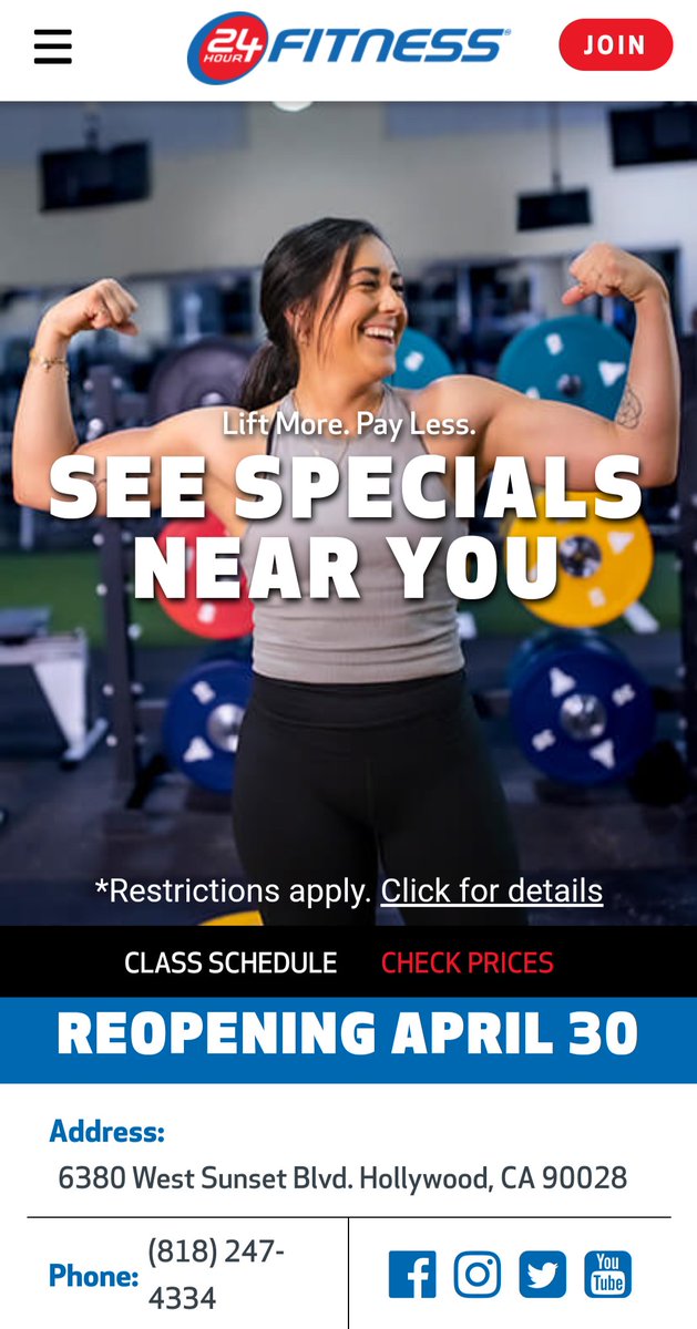 gimme2more's tweet photo. @luftlatin @24hourfitness @CAgovernor @JenSiebelNewsom The Hollywood club is reopening 4/30
https://t.co/kNgAWB0TI2 https://t.co/Wz7lLBZ0OT