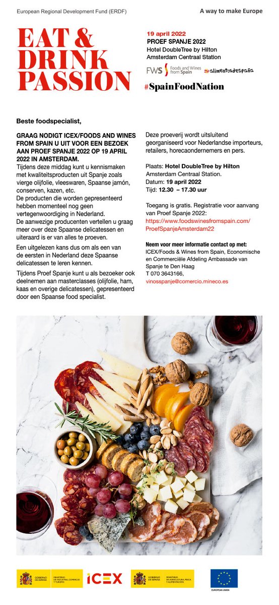 Bezoek als foodprofessional op 19 april 2022 PROEF SPANJE 2022! Dé unieke kans om kennis te maken met Spaanse #delicatessen die nog niet verkrijgbaar zijn op de Nederlandse markt. 
Info: bit.ly/3LrhoZF
Direct registreren bit.ly/36DmnI6
#vakbeurs #proefspanje2022